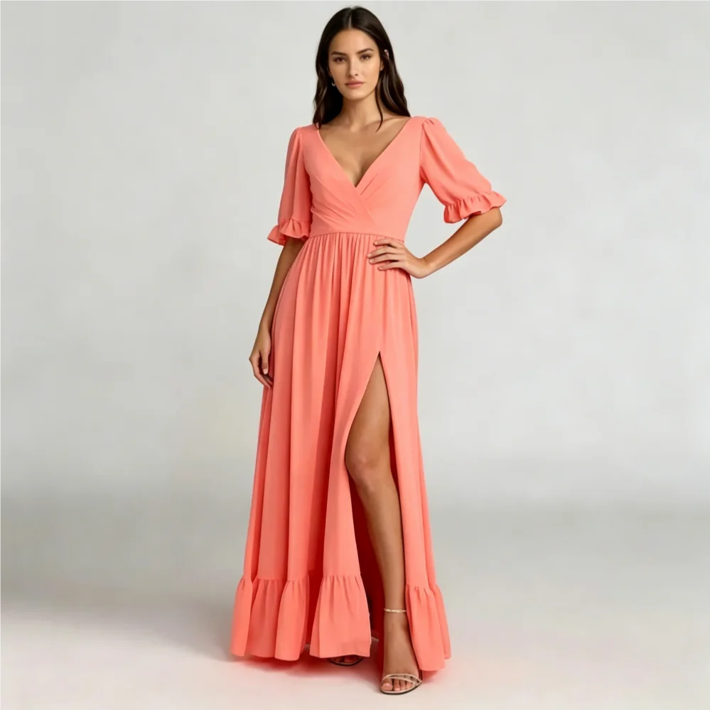Ballkleider aus Chiffon mit V-Ausschnitt und halben Ärmeln, plissiert, geteilt, A-Linie, bodenlang, Abendkleid, maßgeschneidert, elegante Festkleider
