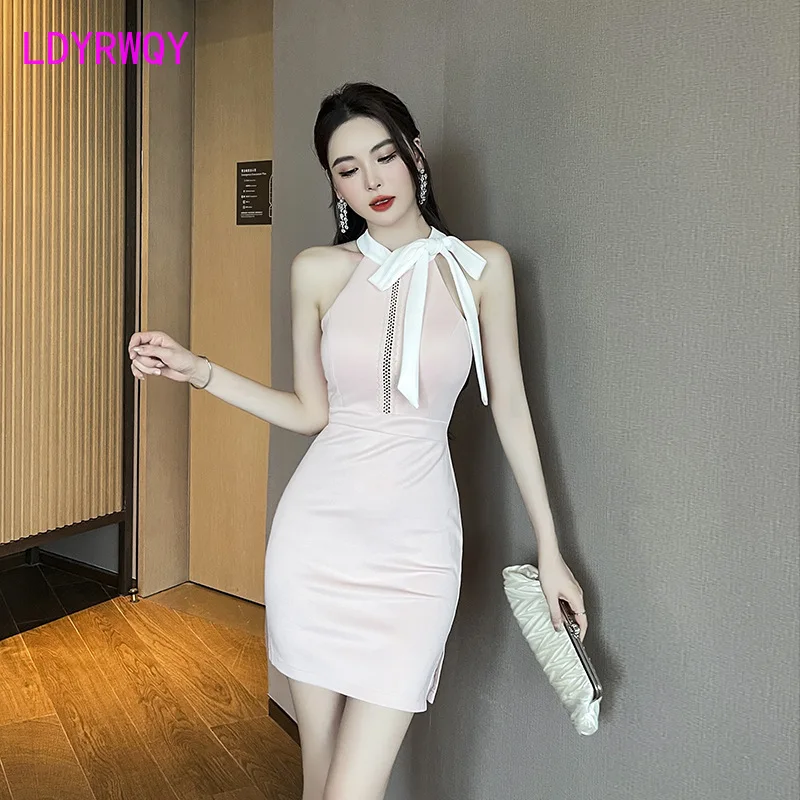 Sexy hip hugging slit dress with a stand up collar and sleeveless backless bow, slim fit short skirt, women's