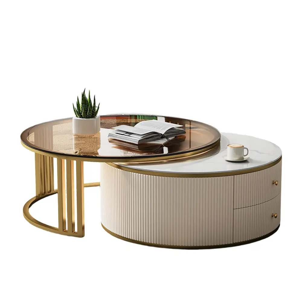 

Round Nesting Coffee Table 28-32in Rotating Sintered Stone Tempered Glass Top Gold Frame Modern Living Room Customized