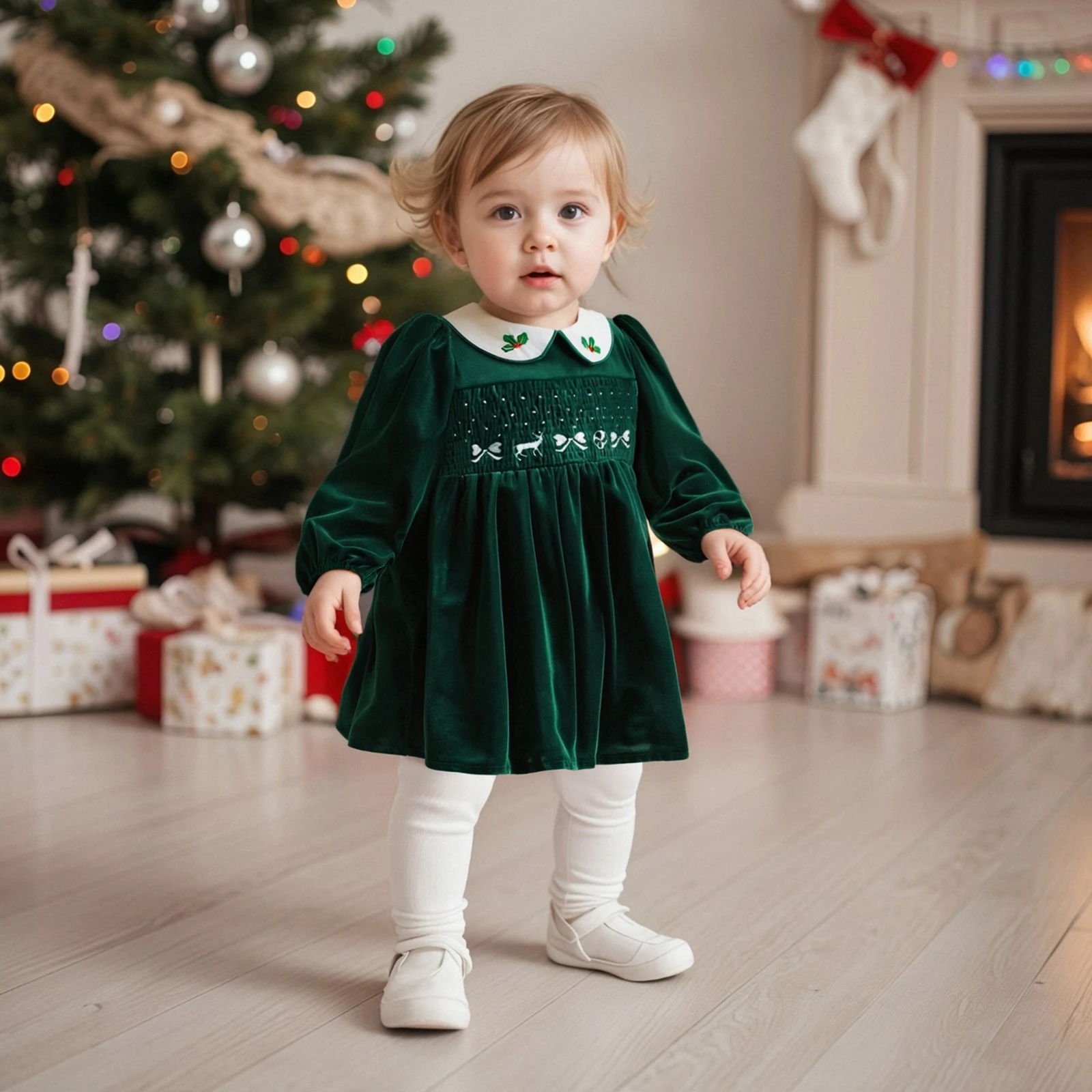 فستان FOCUSNORM 1-7Y للأطفال الصغار البنات المخملي لعيد الميلاد بفيونكة غزال هولي مطرز بأكمام طويلة وياقة الدمية فستان على شكل حرف a