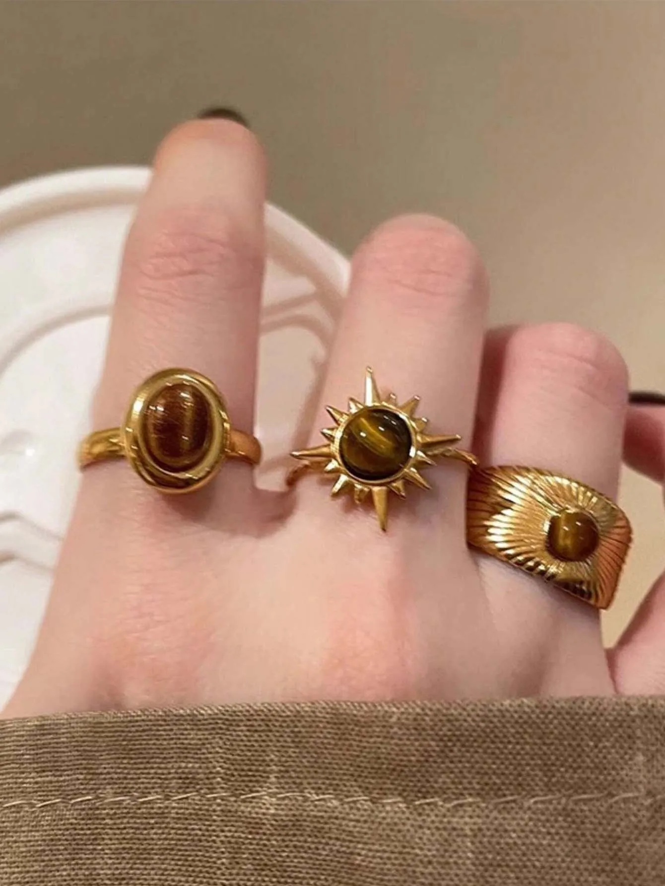مجموعة خواتم نسائية مكونة من ثلاث قطع على الطراز البوهيمي تتميز بأحجار عين النمر الذهبية الفاخرة بتصميم قابل للتعديل #1