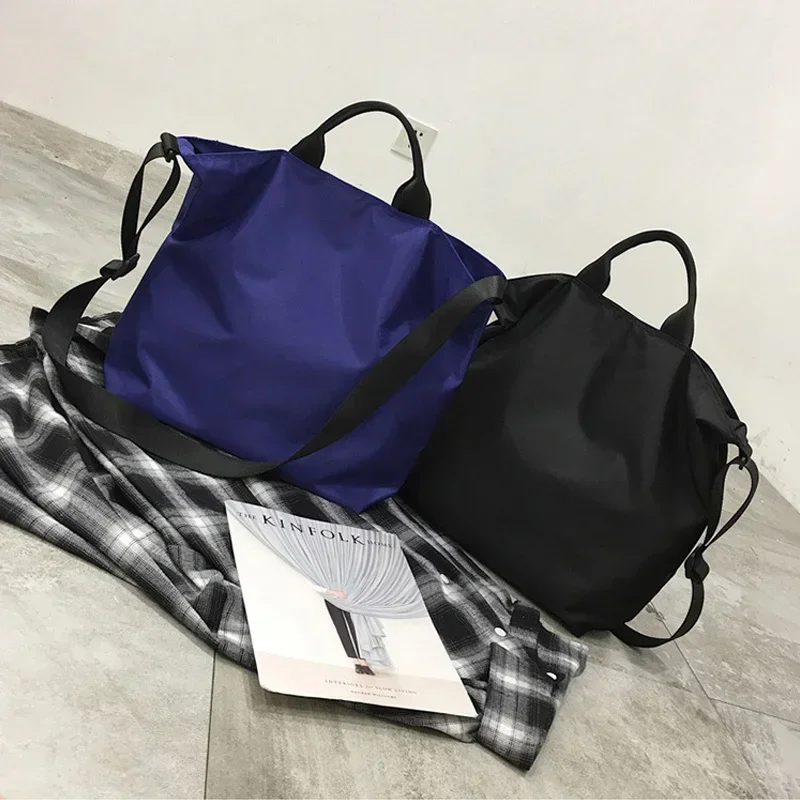 Black Solid Color Nylon Fabric Totes Large Capacity Waterproof Cloth Hand Bag Purse Big Travel Shoulder Crossbody Bags