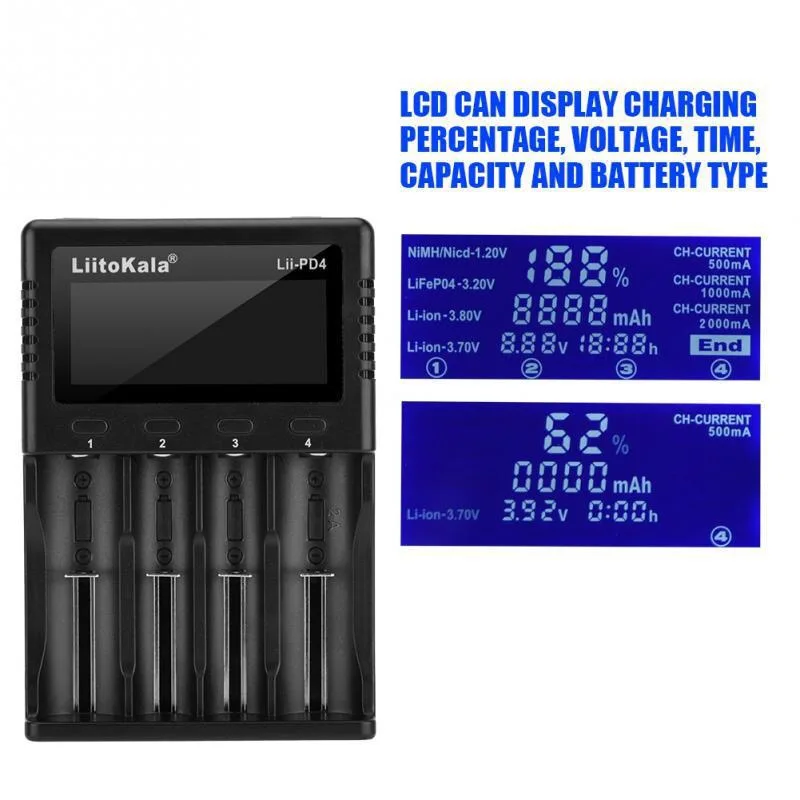LiitoKala 18650 Battery Charger Lii-PD2 Lii-PD4 2 4 Slots AC 110V 220V For 18650 Charging 3.7V Rechargeable
