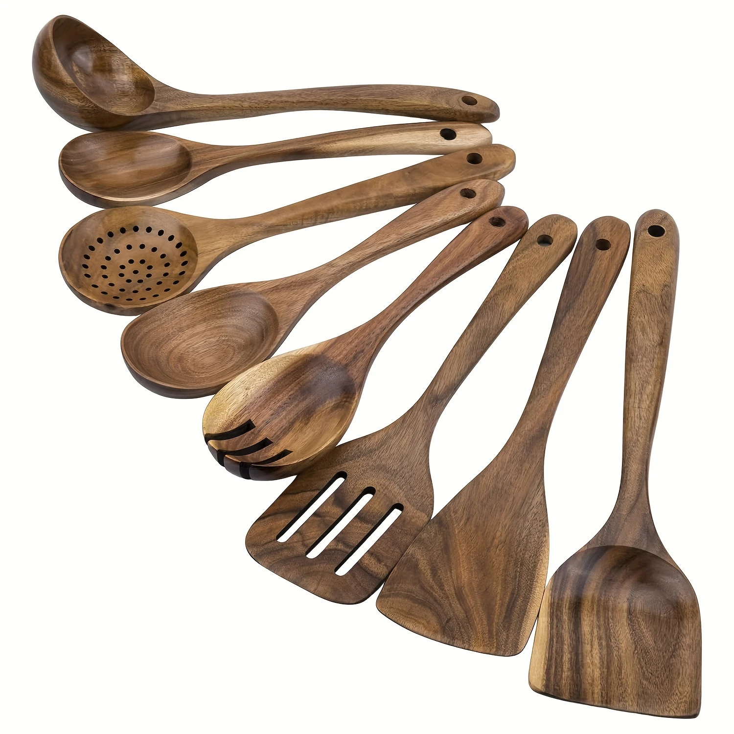 8pcs, Acacia Wooden Kitchen Utensil Set, Non-Stick Cookware Tools, Durable Wood Cooking Spoons And Spatulas, Multi-Purpose Kit