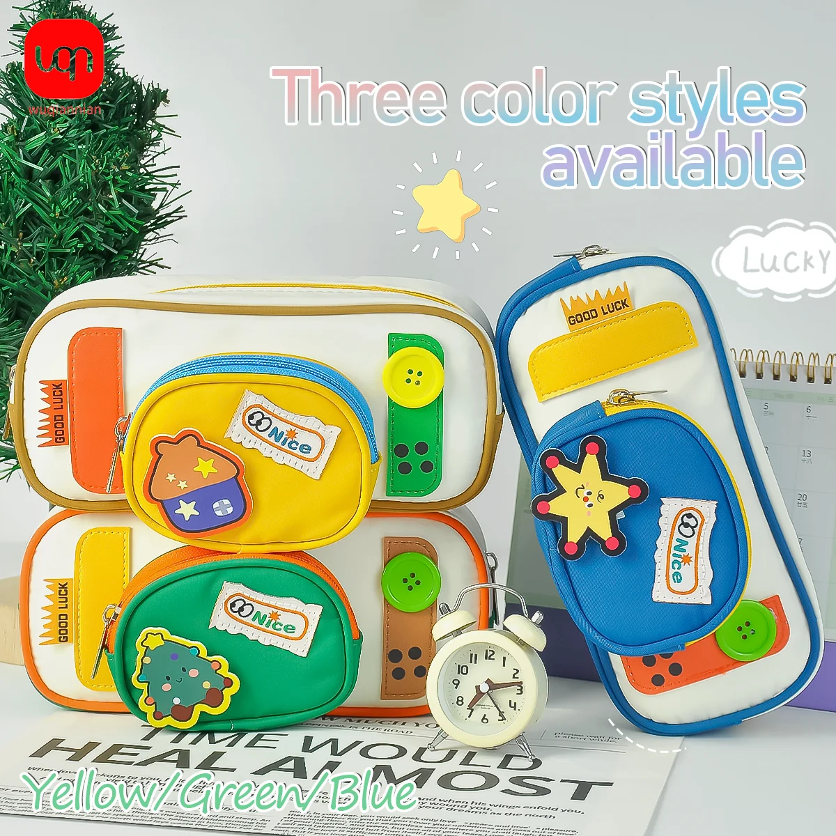 Kawaii Retro Color Block Pen Pouch Detachable Small Bag Large Capacity Cartoon Patch Student Stationery Zipper Pencil Case