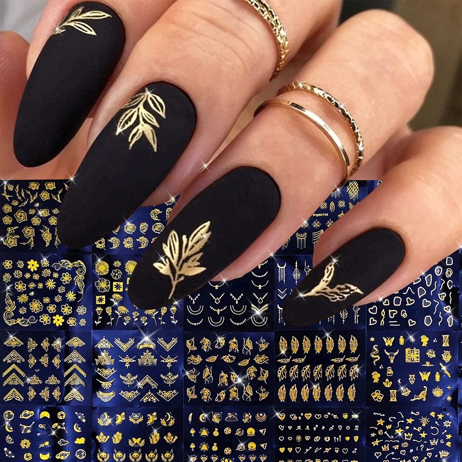 

30 Sheets Golden Floral Nail Art Stickers - 3D Self-Adhesive Shimmering Leaf & Flower Designs for DIY Manicure