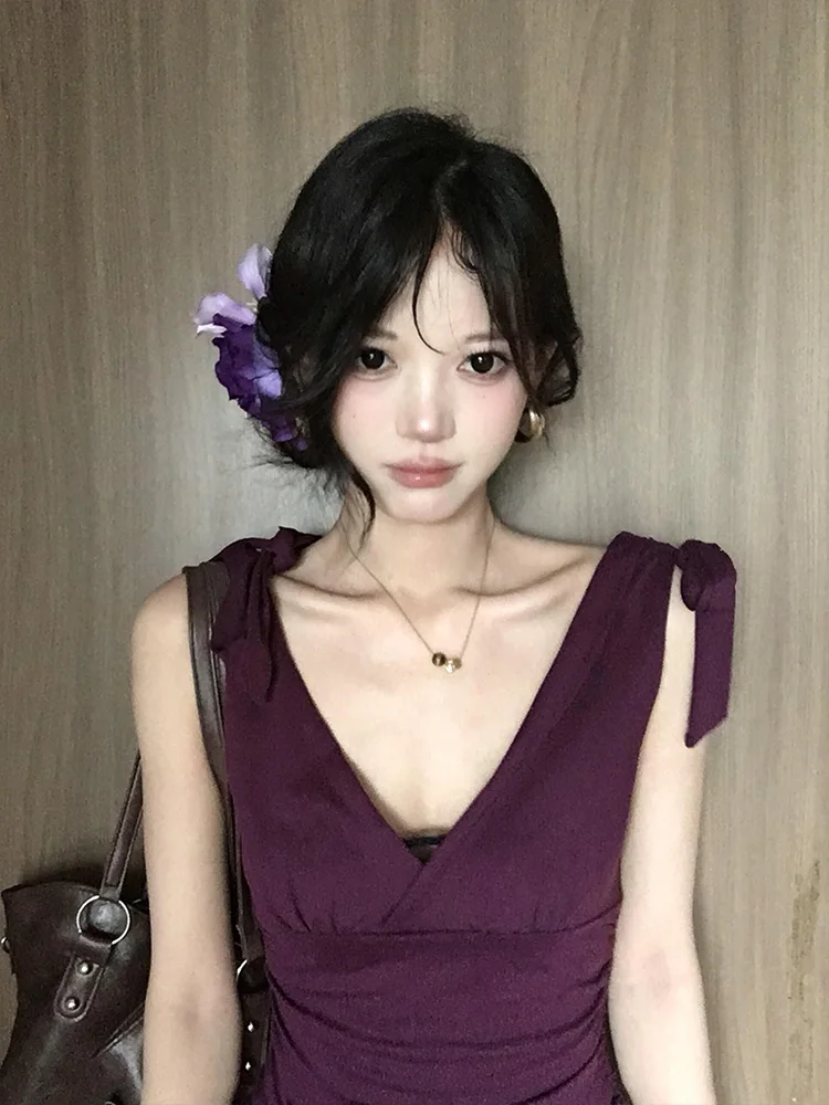 

Retro Purple Low V-Ne Strap Vest Women Summer Outwear Waist Cinched Sexy Belted Top Cotton Blend Casual Sle for Teens