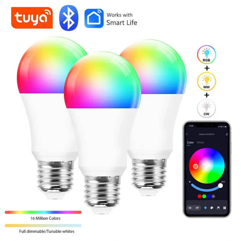 

Tuya Bluetooth Smart Bulb E27 9W 220V RGB+CW+WW Lamp APP Control Dimmable Timer LED Bulb Work With Smart life for Home Lighting