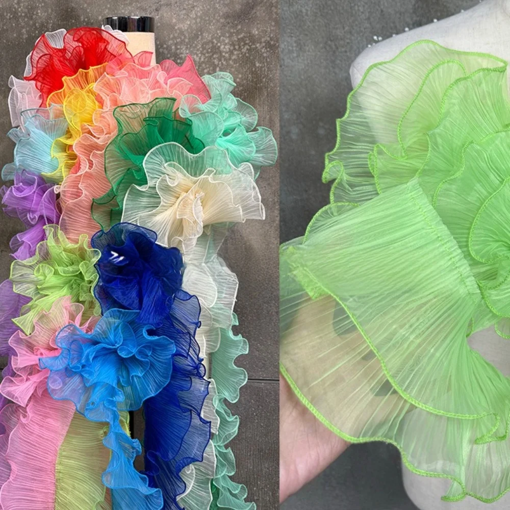 1 Yard Pleated Fabric Magic Color Ruffle Pleated Mermaid Lace Double Layered Rose Flower Pattern Wedding Decoration Cloth