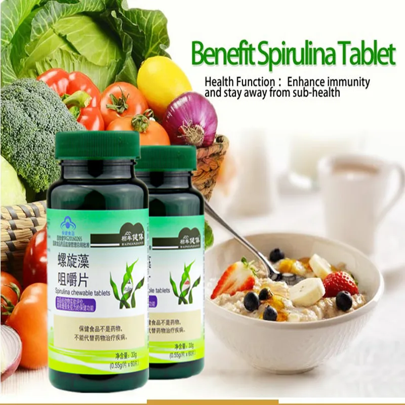 1 bottle 60 pills Spirulina Tablet Rich in Protein Multi Vitamins Wafers Algae Alga Spirulina Powder Anti-Fatigue Loss Weight