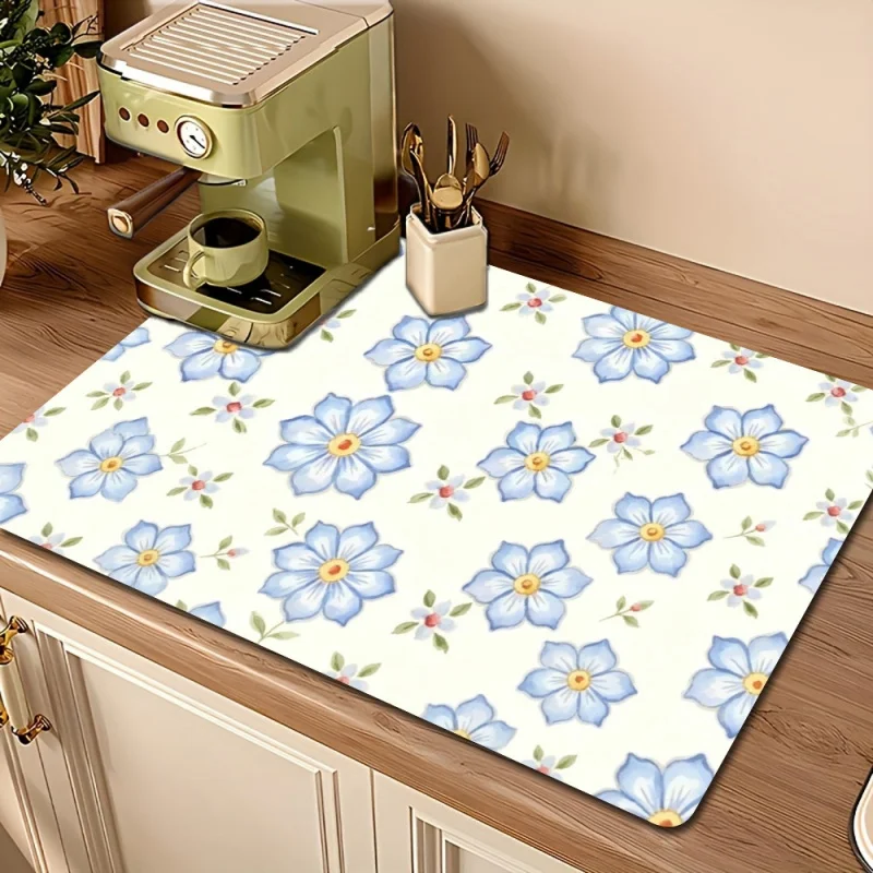 Drying Mat Pink Rose Floral Print Tableware Drain Pad for Sink Side Kitchen Counter Decoration