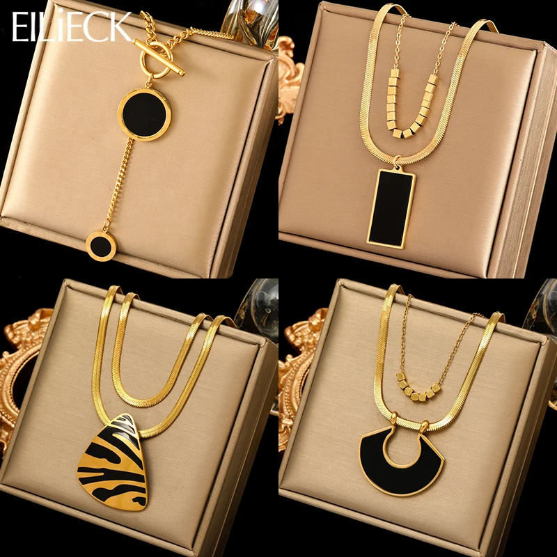 EILIECK 316L Stainless Steel Round Square Tiger Stripe Pendant Necklace For Women Fashion 2-Layers Neck Chian Waterproof Jewelry