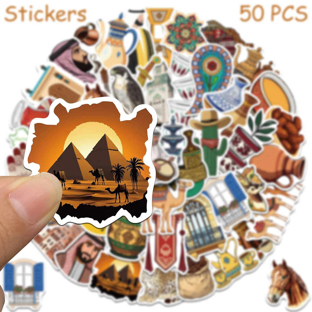 50 قطعة ملصقات نمط الفن في الشرق الأوسط الشارات لأجهزة الكمبيوتر المحمول سجل القصاصات سكيت خوذة الغيتار ملصقات الكتابة على الجدران الجمالية ذاتية الصنع