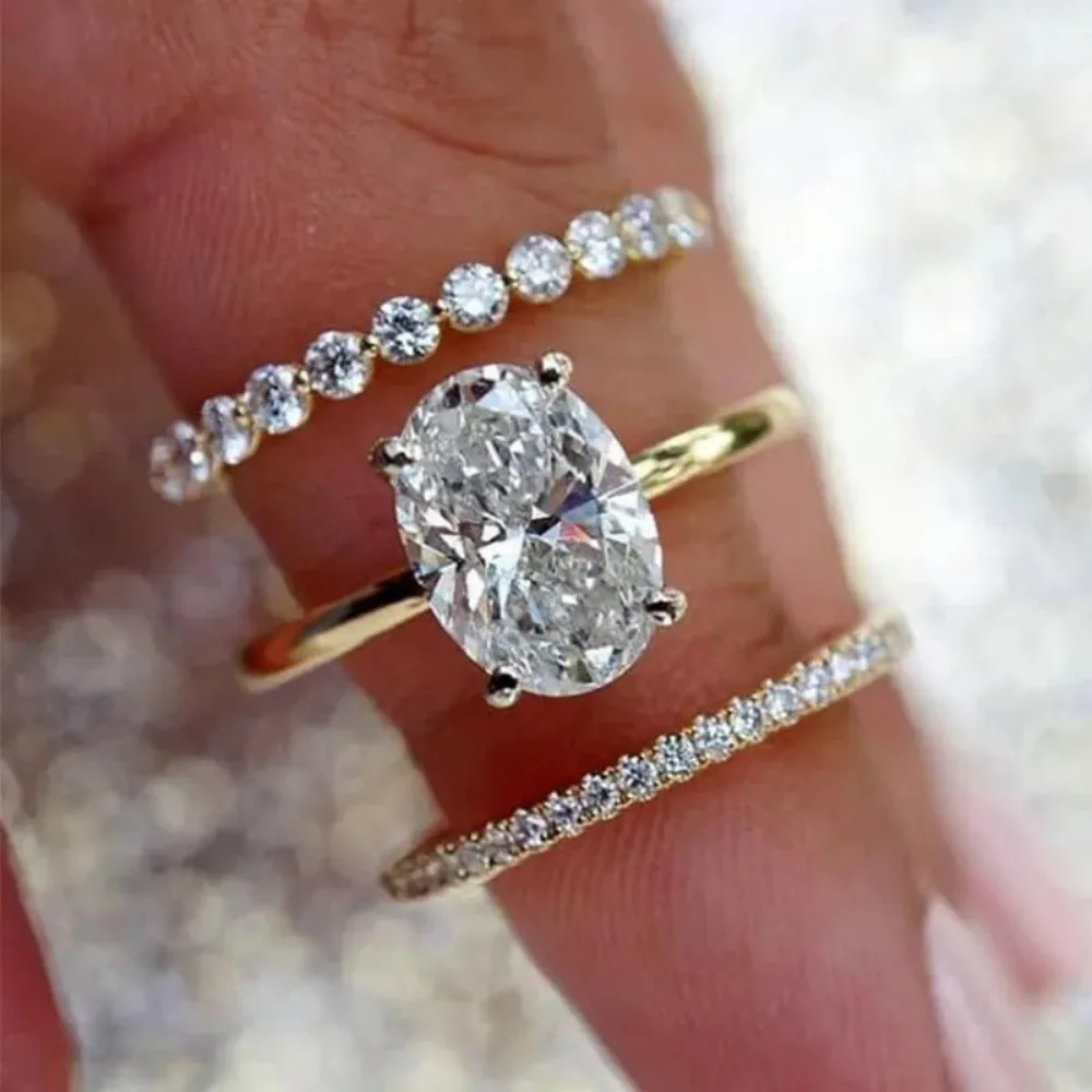 Ensemble de 3 bagues de luxe en zircon ovale taille princesse couleur or 5A pour femme, idéal pour fiançailles, mariage, ou comme cadeau romantique