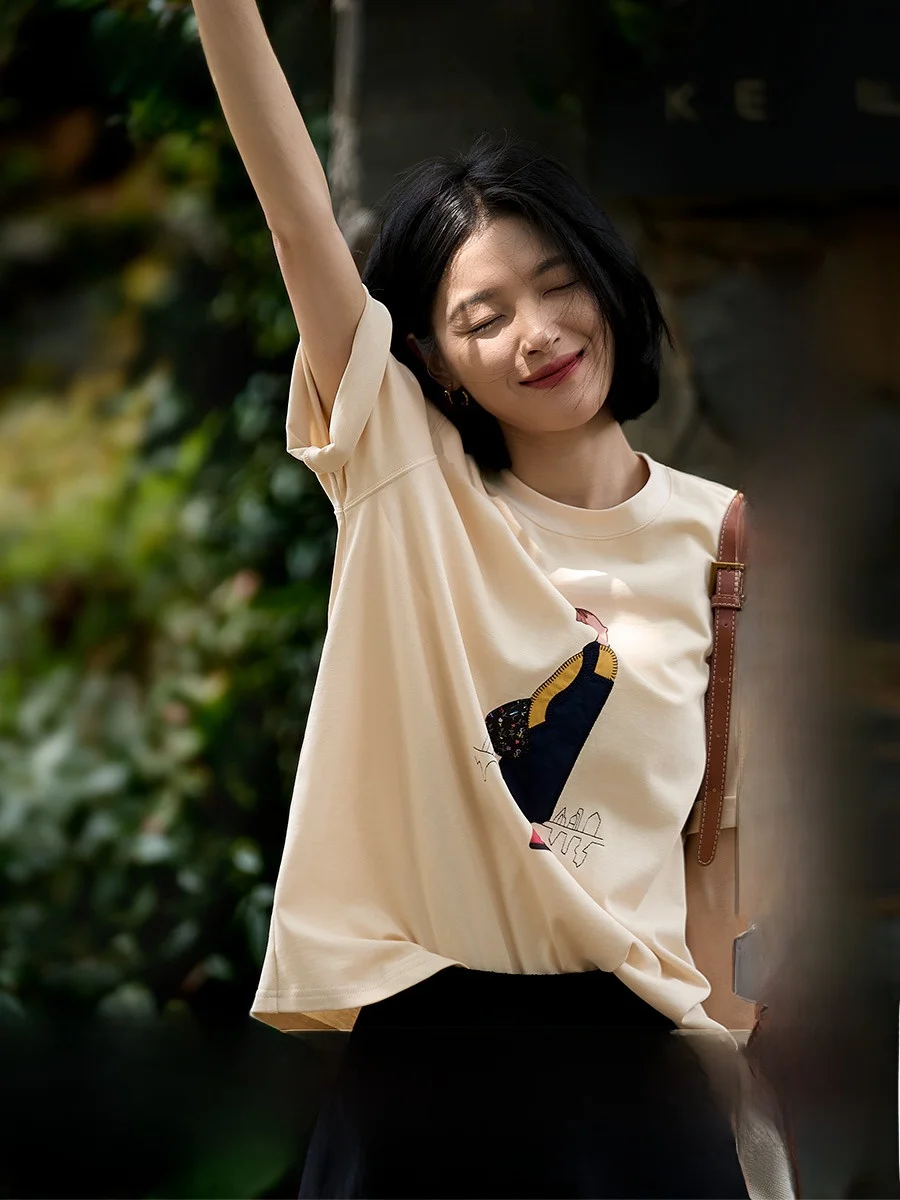 

Xhange Loose Fit ort Sve T-irt Embroidered Patchwork Design Cotton Sensation Playful Color Blo Casual Women Top