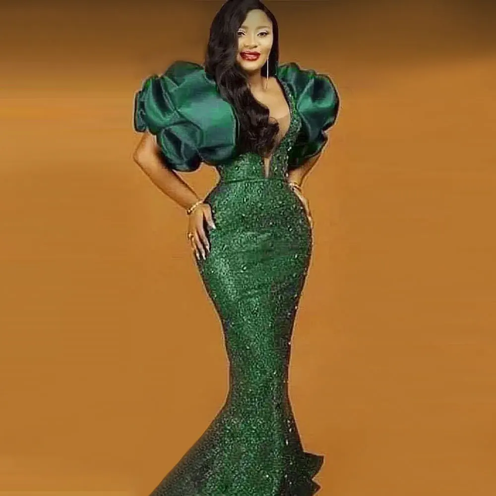 

Puff Sleeves Bead Sequined Hunter Green Prom Dresses Mermaid Evening Dress Plus Size Party Gowns For African Women robes de