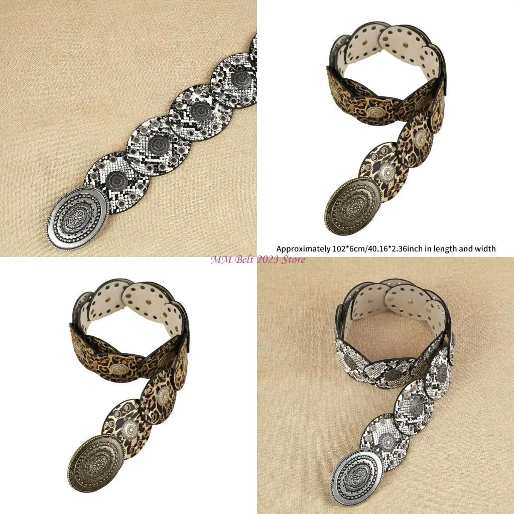 49me-エレガントなワイドベルトラウンドディスクヒョウ柄ベルトドレスヴィンテージウエスト装飾