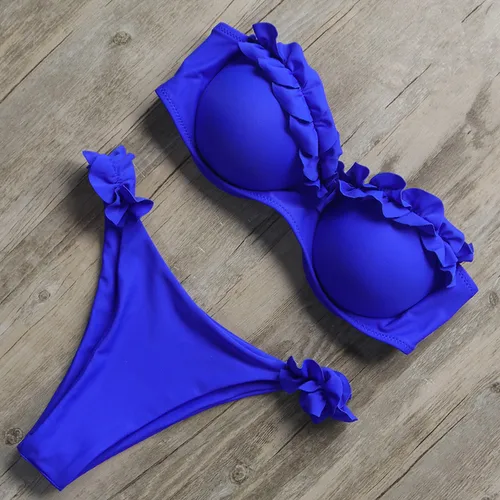 Imagen 2 del producto Bikini Bandeau, traje de baño para mujer, traje de baño Sexy con Tanga y volantes, conjunto de Bikini con Push-Up, traje de baño brasileño para mujer 2021