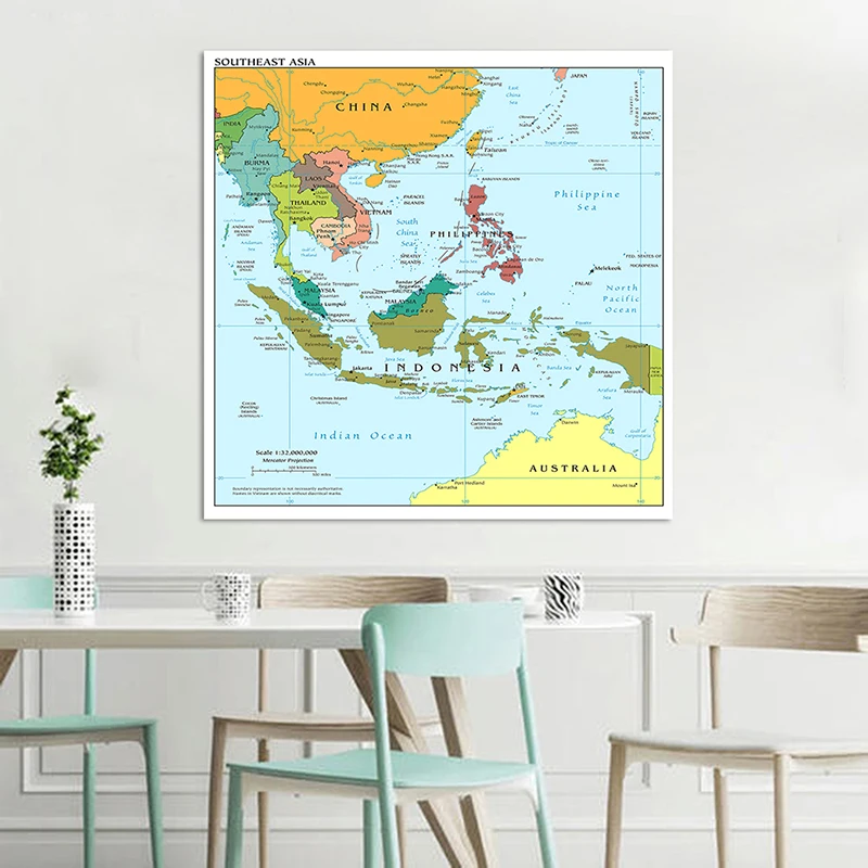 Mapa del sudeste asiático en inglés, mapa de distribución política, lienzo, pintura, arte de pared, póster e impresión, decoración del hogar, 150x150cm