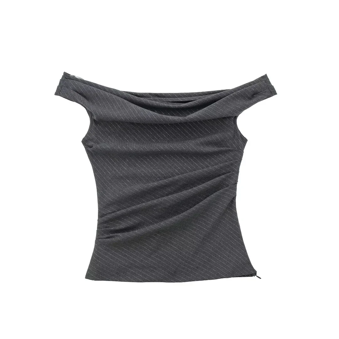 TRAF Ruched Grey Crop Top Women Off Shoulder Youth Blouses Woman Sleeveless Pleated Cropped Blouse Female Striped Bodycon Top