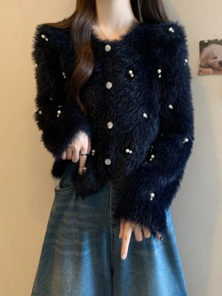  Short Sweater Jacket Women's Spring Autumn New Style Heavy Bead Embellished Rabbit Fur Knitwear Korean Loose Fit
