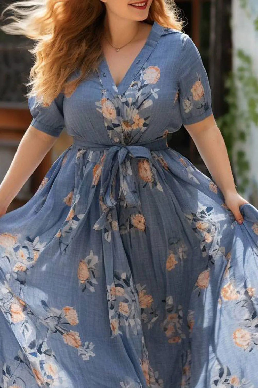 Flycurvy Plus Size Everyday Haze Blue Floral Print With Belt Wrap Linen Maxi Dress