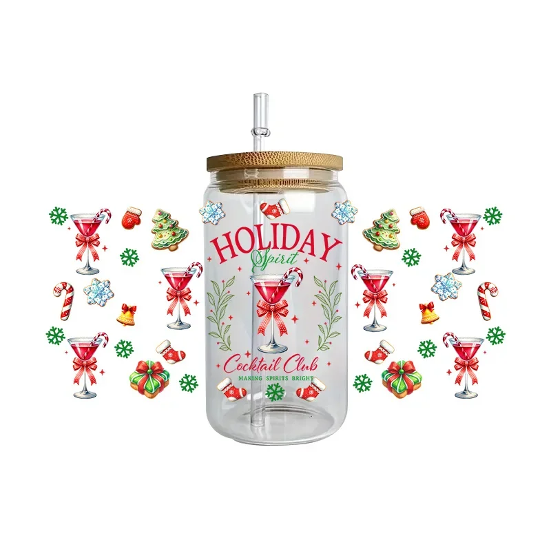 Christmas Vibe Series 16oz UV DTF Cup Wraps Transfer Sticker For Glass Libbey Can Bottle Santa Bow Themed DIY 3D Sticker