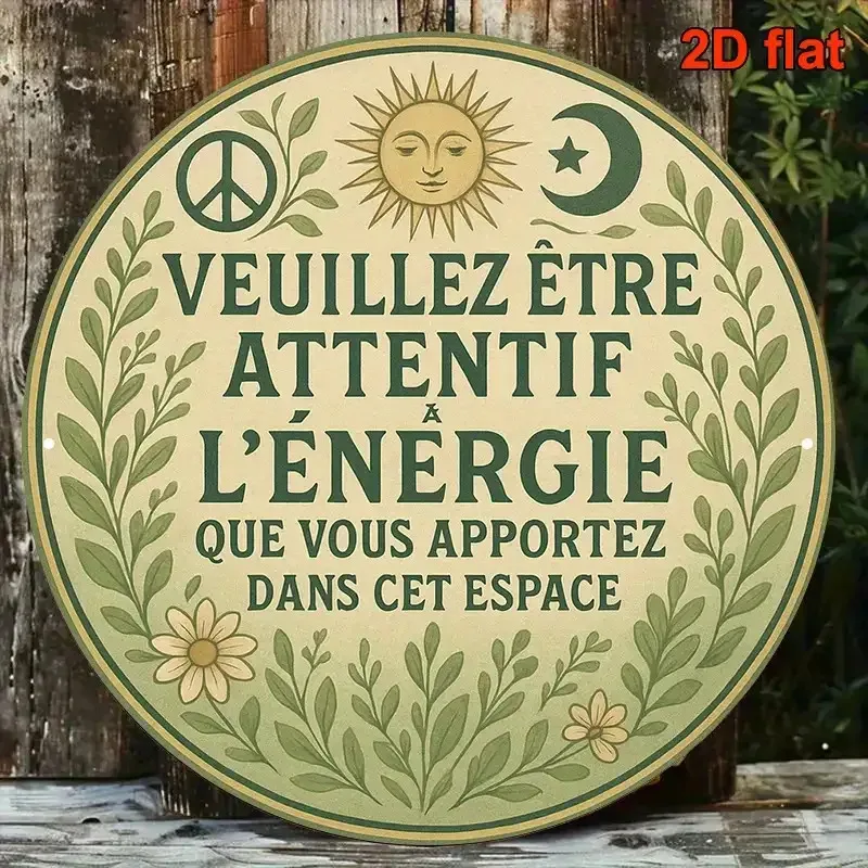 2D Flat, 1pc 20.32x20.32cm Round Aluminum Sign- French Country Wall Decor with Be Aware of the Energy You Bring Quote, Floral Su