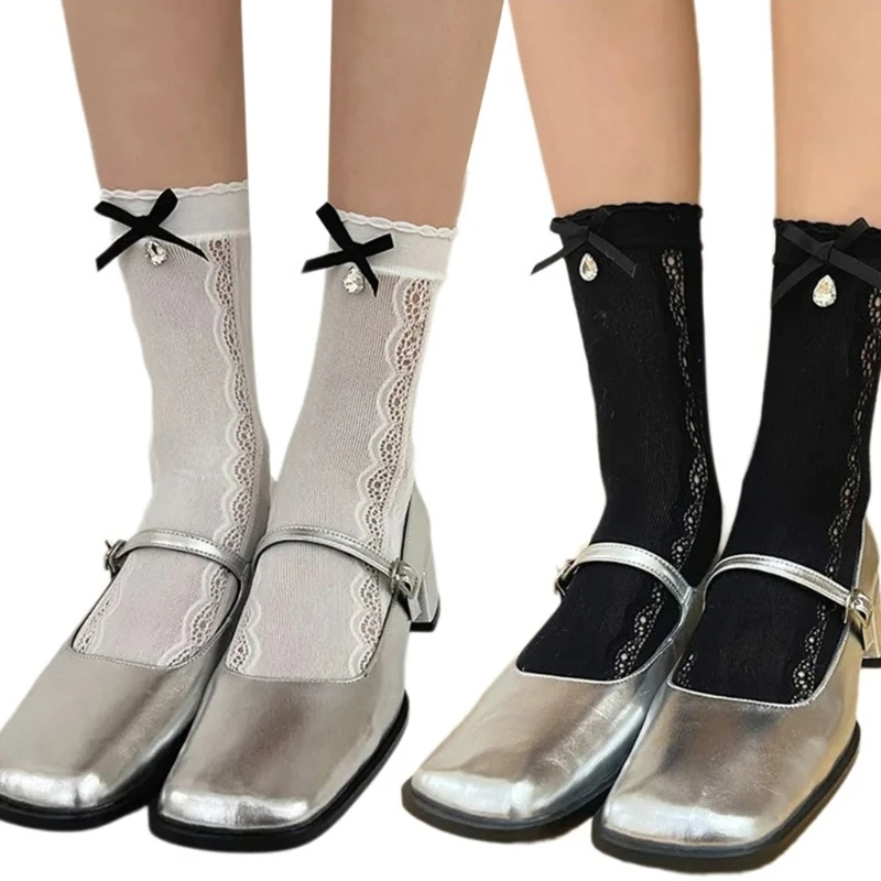 

Women Japanese Lace Spliced Calf Socks Drop Diamond Bowknot Socks