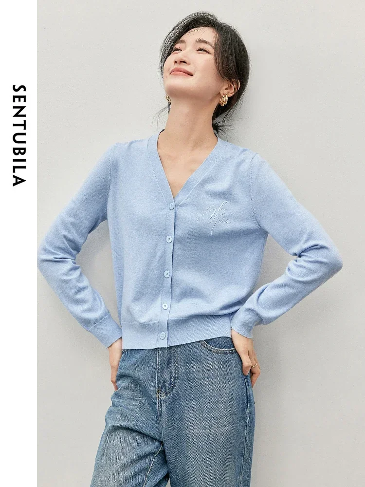 SENTUBILA Women Embroidery Knit Cardigans Simple Casual V Neck Long Sleeve Wool Comfort Sweater 2024 Autumn Clothing W43H57223