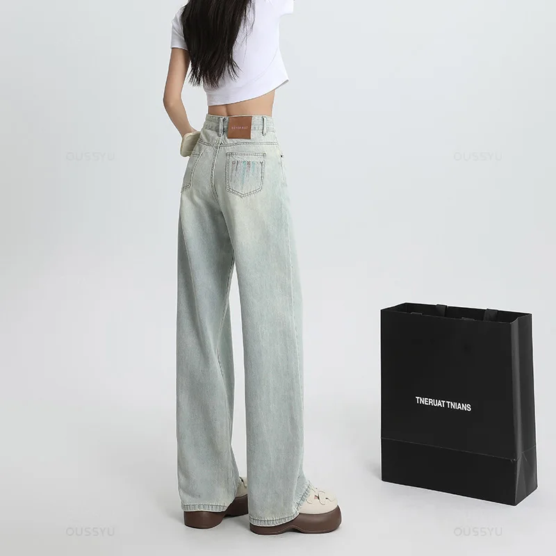 Summer Soft Lyocell Fabric Woman Jeans Thin Loose Wide Leg Straight High Waisted Pant Fashion Embroidery Comfort Casual Trousers