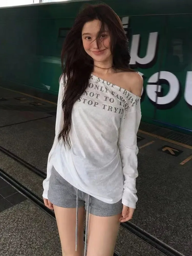 Women T Shirts Diagonal Collar Off Shoulder Long Sleeve Vintage Tops Grunge Y2k Aesthetic Harajuku Female Casual Tee