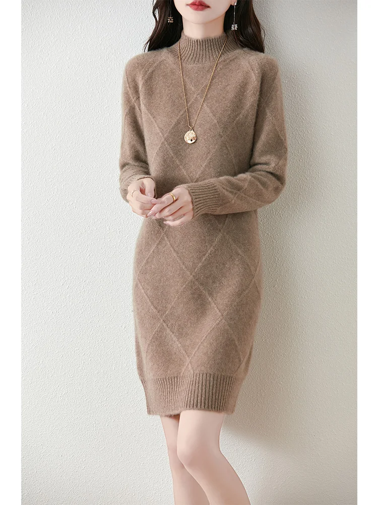 Women\'s Pure Wool Knitted Dress, High Collar, Thickened, Geometric, Casual, Fashionable, Warm, Autumn/Winter 2024