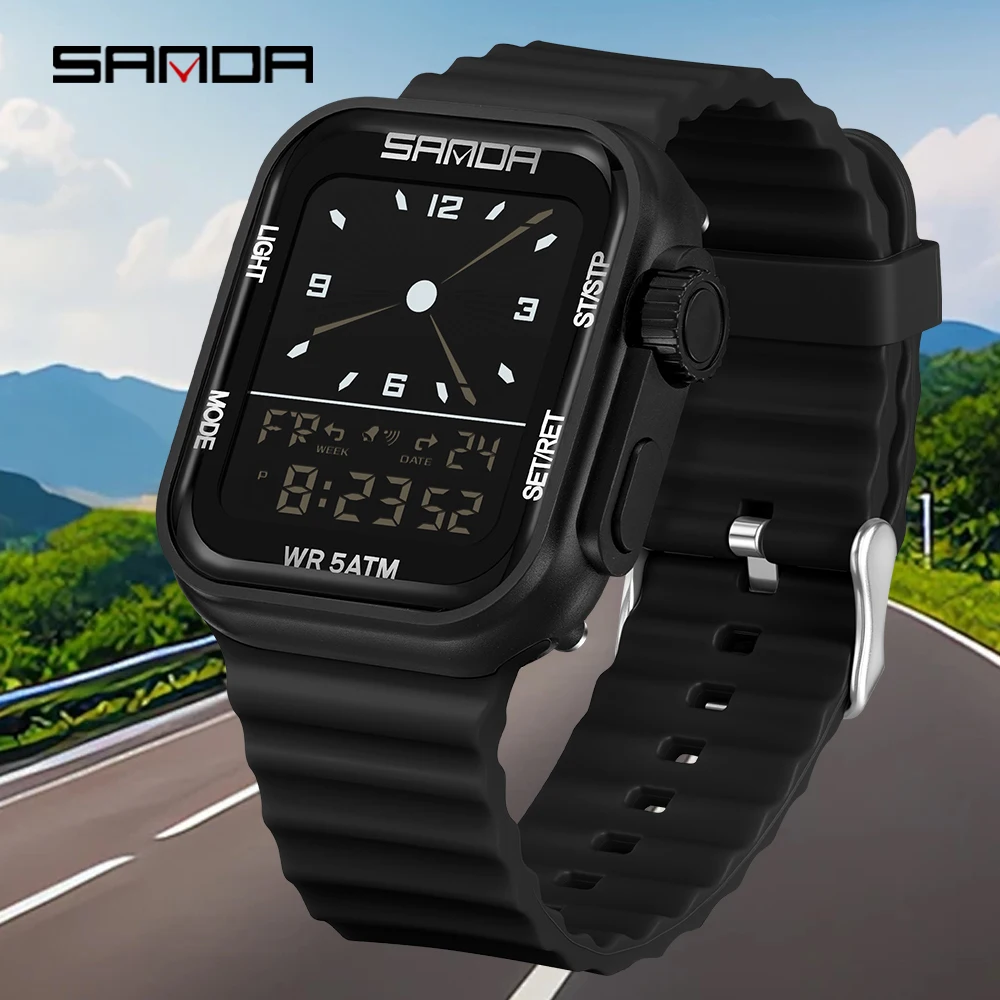 SANDA 9510 Fashion Men's Military Sports Watch, Water Resistant, Large Dial LED Digital Wristwatch with Stopwatch for Men