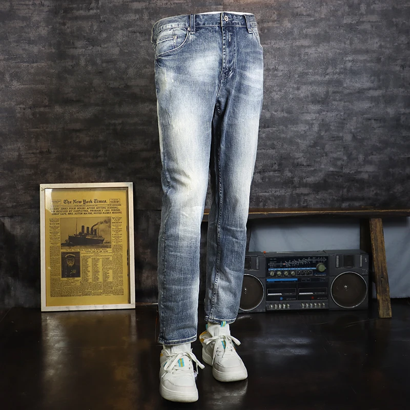 Fashion Designer Men Jeans Retro Blue Elastic Slim Fit Spliced Vintage Jeans Men Korean Style Casual Denim Pencil Pants Hombre