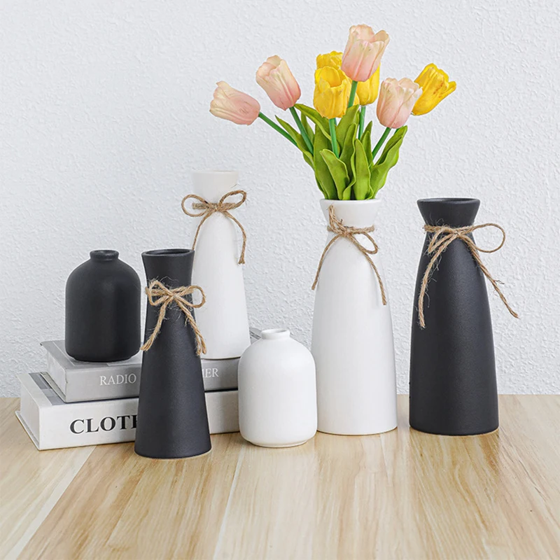 

3pcs/Set Ceramic Vase Set Home Decor Living Room Flower Arrangement Modern Style Floral Ware Black White Vase Decoration