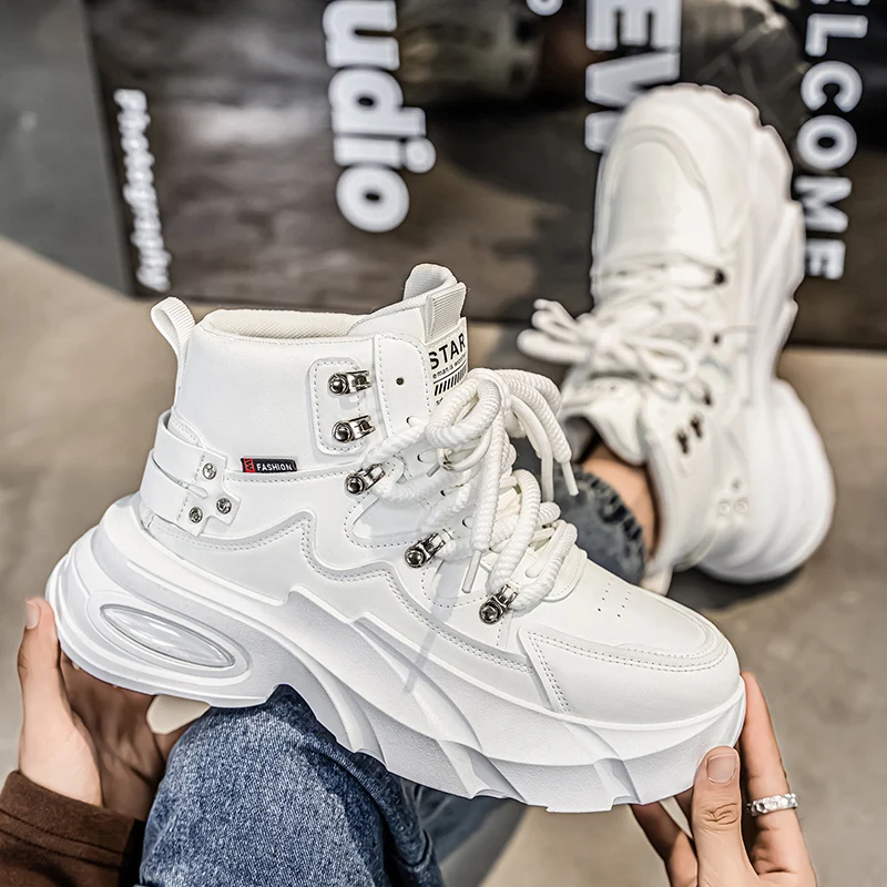 

White and blue men's high-top casual sports shoes, streetwear hip-hop shoes, fashionable men's designer thick-soled sports shoes