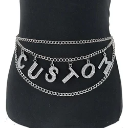 Cristal personalizado diy letras grandes cinto de corrente de cintura sexy feminino rhineston declaração nome carta corpo corrente cosplay acessório presente