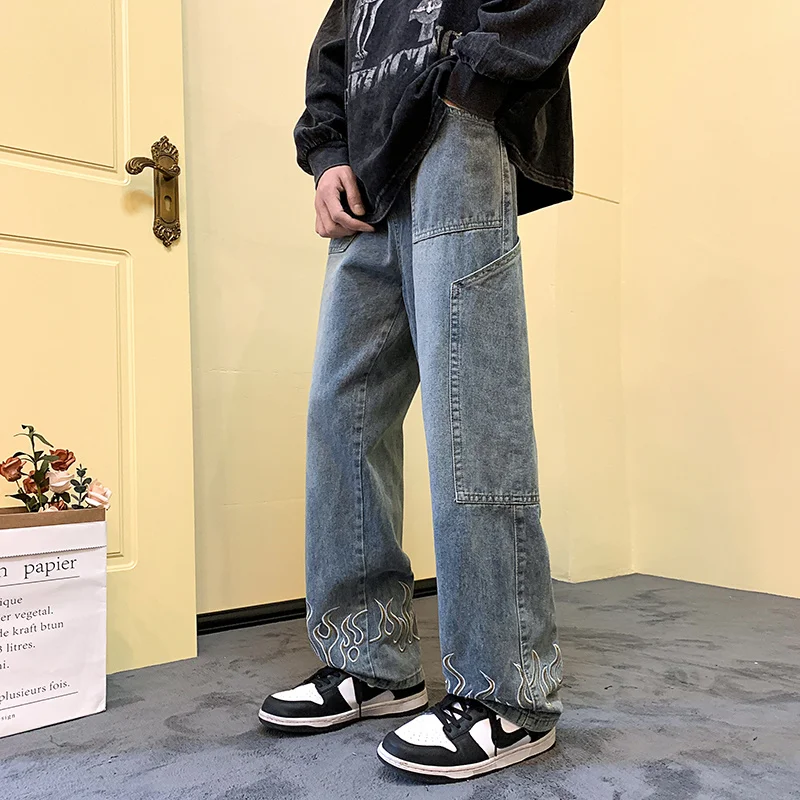 Y2K Vintage Flamme Gedruckt Jeans Für Männer Baggy Streetwear Breite Bein Denim Hosen 2024 Neue Hip Hop Mode Gerade Pantalones