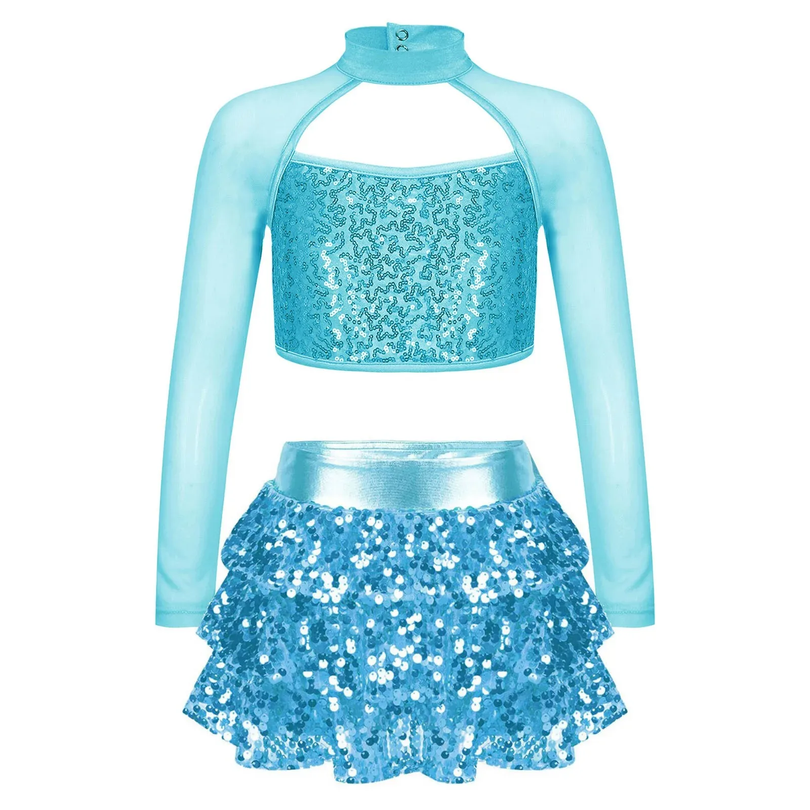 Girls Shiny Sequin Jazz Dance Stage Performance Outfit Long Sleeve Cutout Crop Top with Tiered Culottes Party Costume Dancewear