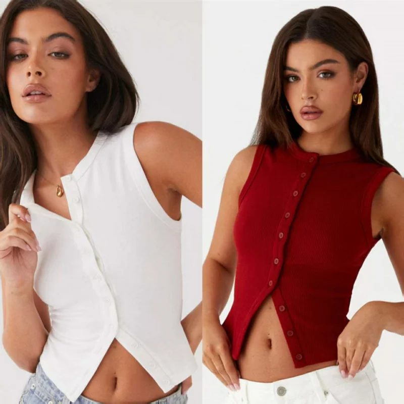 

Короткий тонкий укороченный топ, женский однобортный топ без рукавов с круглым вырезом, женские сексуальные топы, летняя уличная одежда для девочек, уличная одежда для девочек