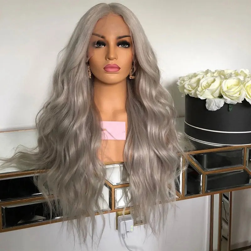 Silver Grey Loose Wave Hair Wig Synthetic 13x4 Lace Front Wigs High Quality Heat Resistant Fiber Hair Middle Parting For Women