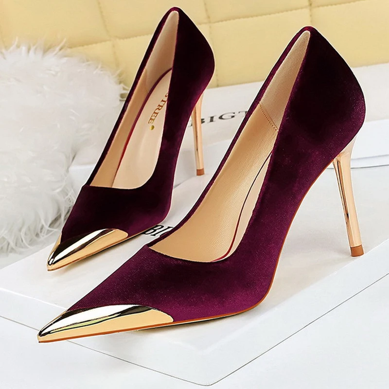 BIGTREE Shoes Luxury Women\'s Pumps Metal Pointed High Heels Fashion Stilettos Banquet Shoes Ladies Pumps Sexy Party Shoes Suede