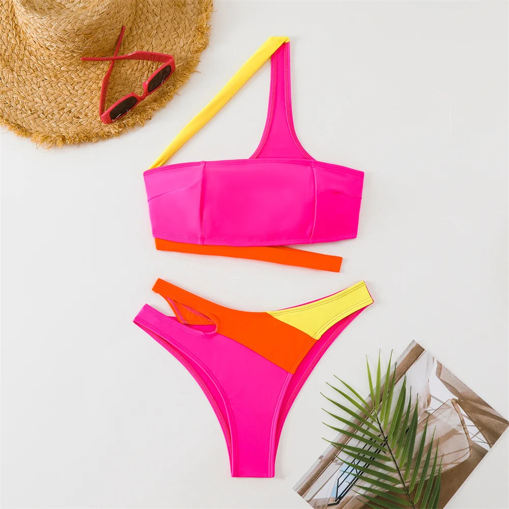 Color Blocked Bikini One Shoulder Bandage Hollow Out Swimsuit Bandeau Swimwears Women 2 Piece Beach Vacation Outfit Bathing Suit