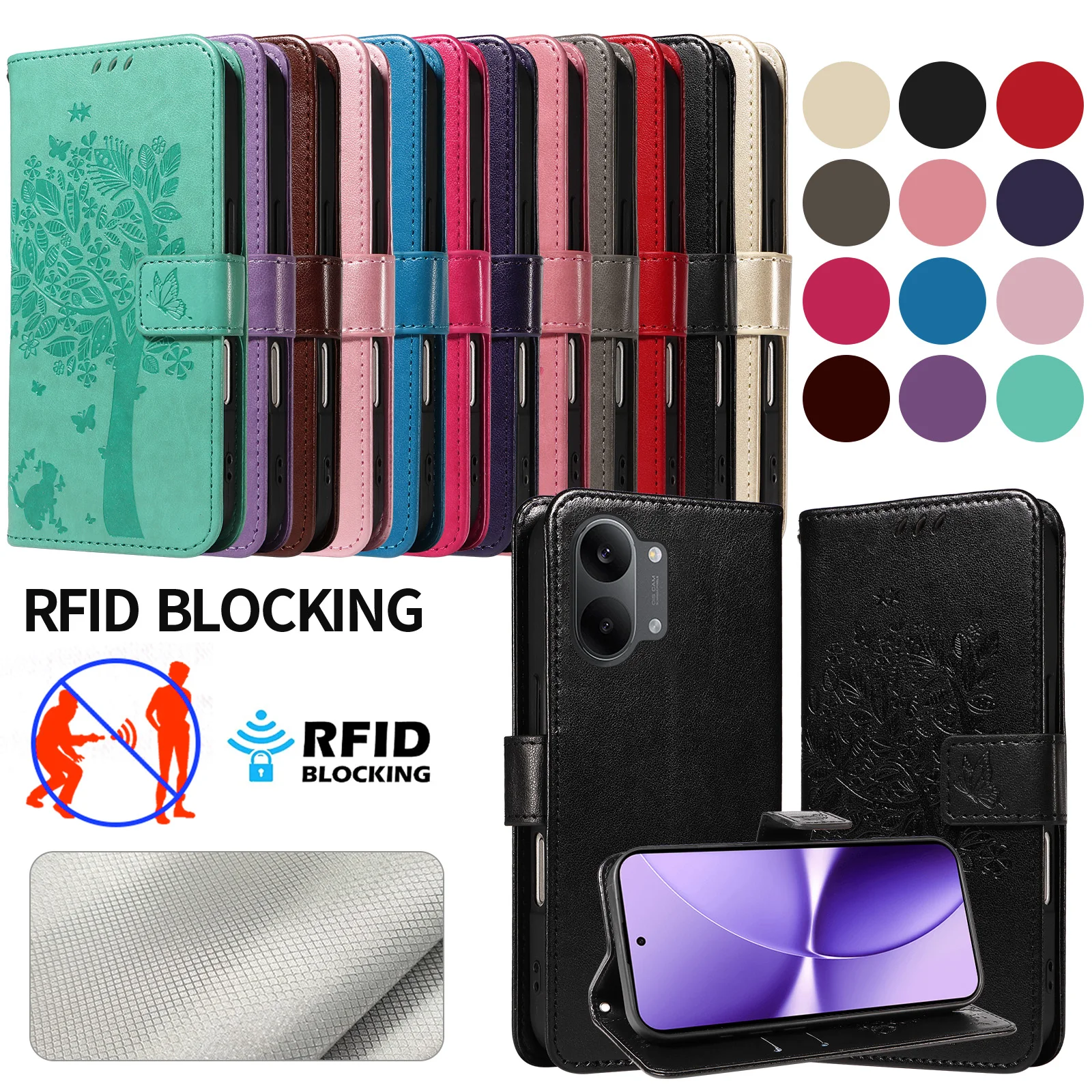 Leder-Brieftaschenhülle für Redmi Note Turbo 5 15 14R 15R 14C 15C 15A A4 A5 A7 K8 K90 Pro Max |   Katzenbaum mit Geprägtem Design
