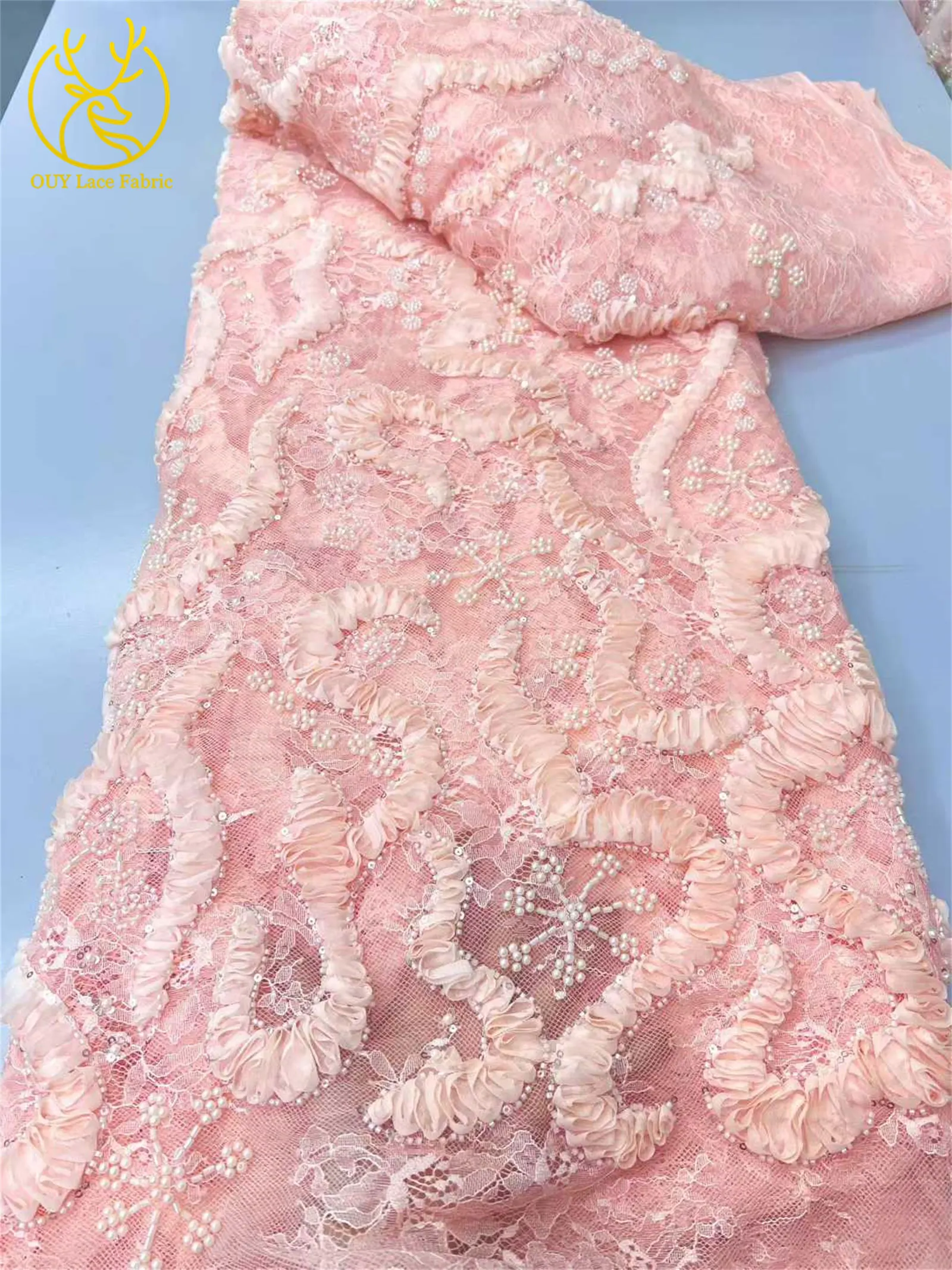 Goldgelber afrikanischer 3D-Spitzenstoff 2026 Hochwertiger nigerianischer Mesh-Perlen-Pailletten-Spitzenstoff für Frauen, Party, Hochzeitskleider – Detail 10
