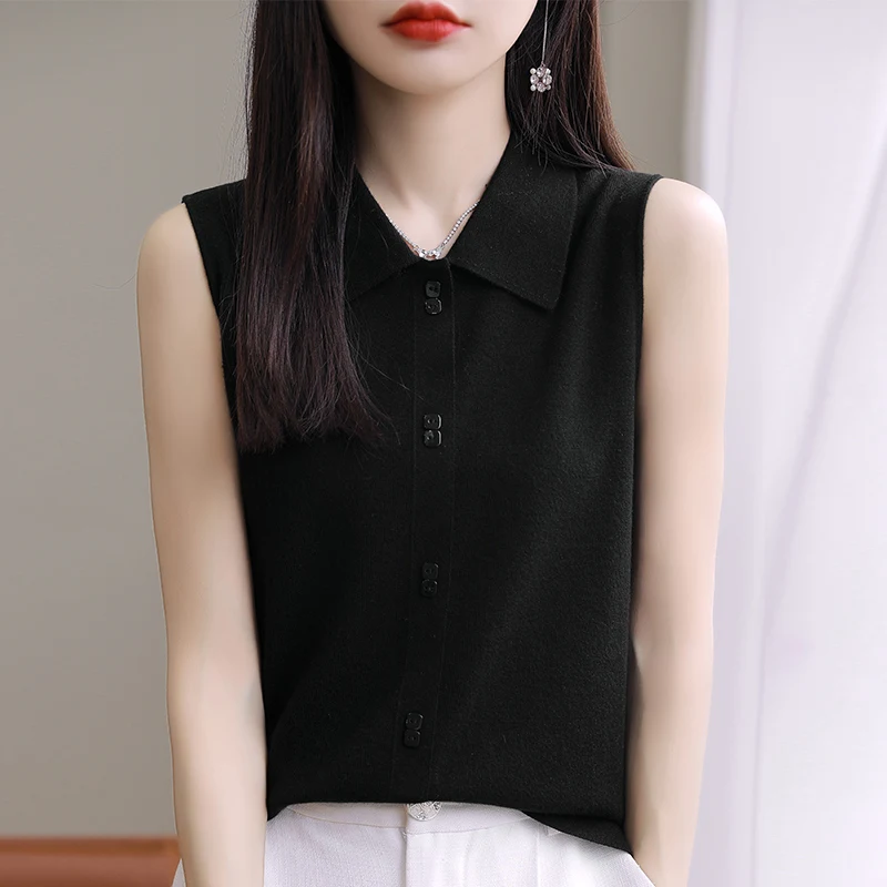 

Four seasons new ladies' high-grade design shirt collar knitted vest sleeveless lapel Joker in autumn and winter.