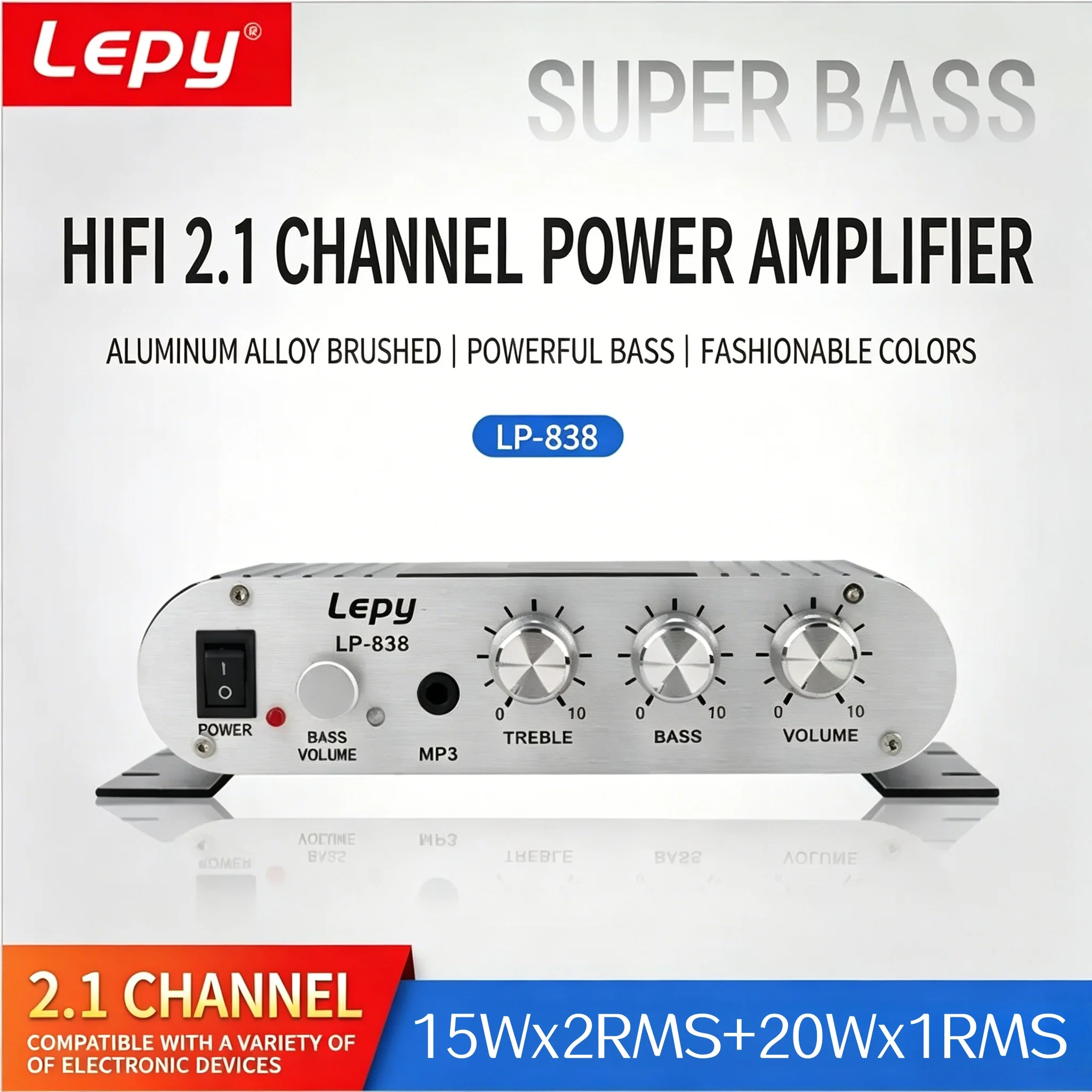 Amplificador de Audio HiFi Lepy-838, 2.1 Canales, 15Wx2+20W, Sonido Estéreo con Bajos, para Sistema de Hogar/Exterior/Teatro, Mini Reproductor Multimedia MP3