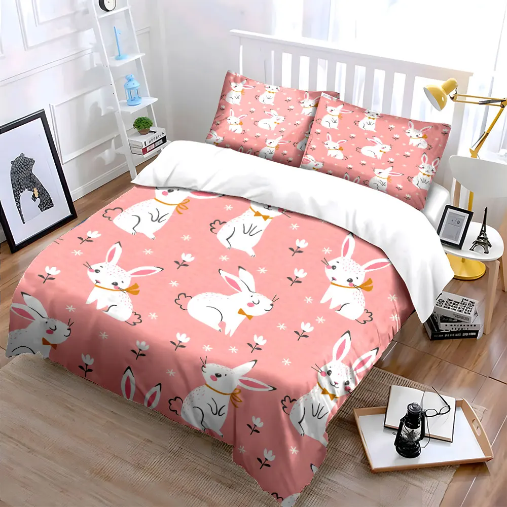 Pink background rabbits floral pattern Bedding Set for Kids Luxury Gift 3pcs Digital Print Comforter Set Soft Comfortable