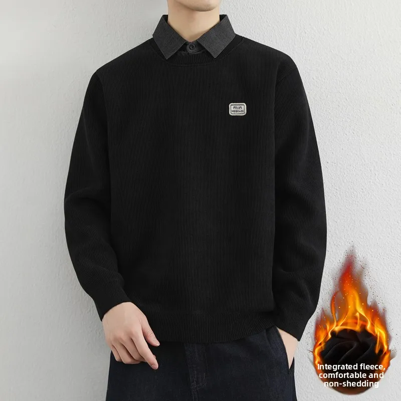 

Мужской повседневный вязаный свитер с воротником-стойкой, утепленный флисом, зимний, модный, в университетском стиле